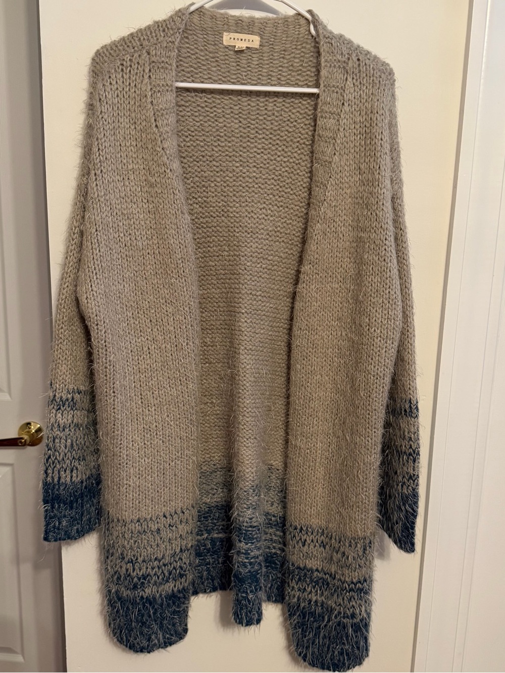 Promesa Taupe Cardigan with Blue Ombre Trimโ